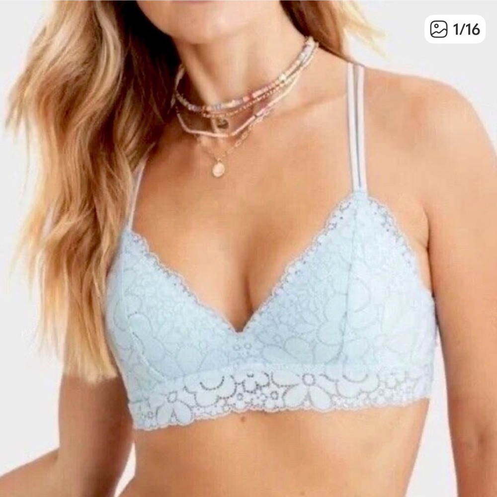 Aerie Real Happy Wireless Floral Lace Longline Bralette Light‎ Blue 34C 8406